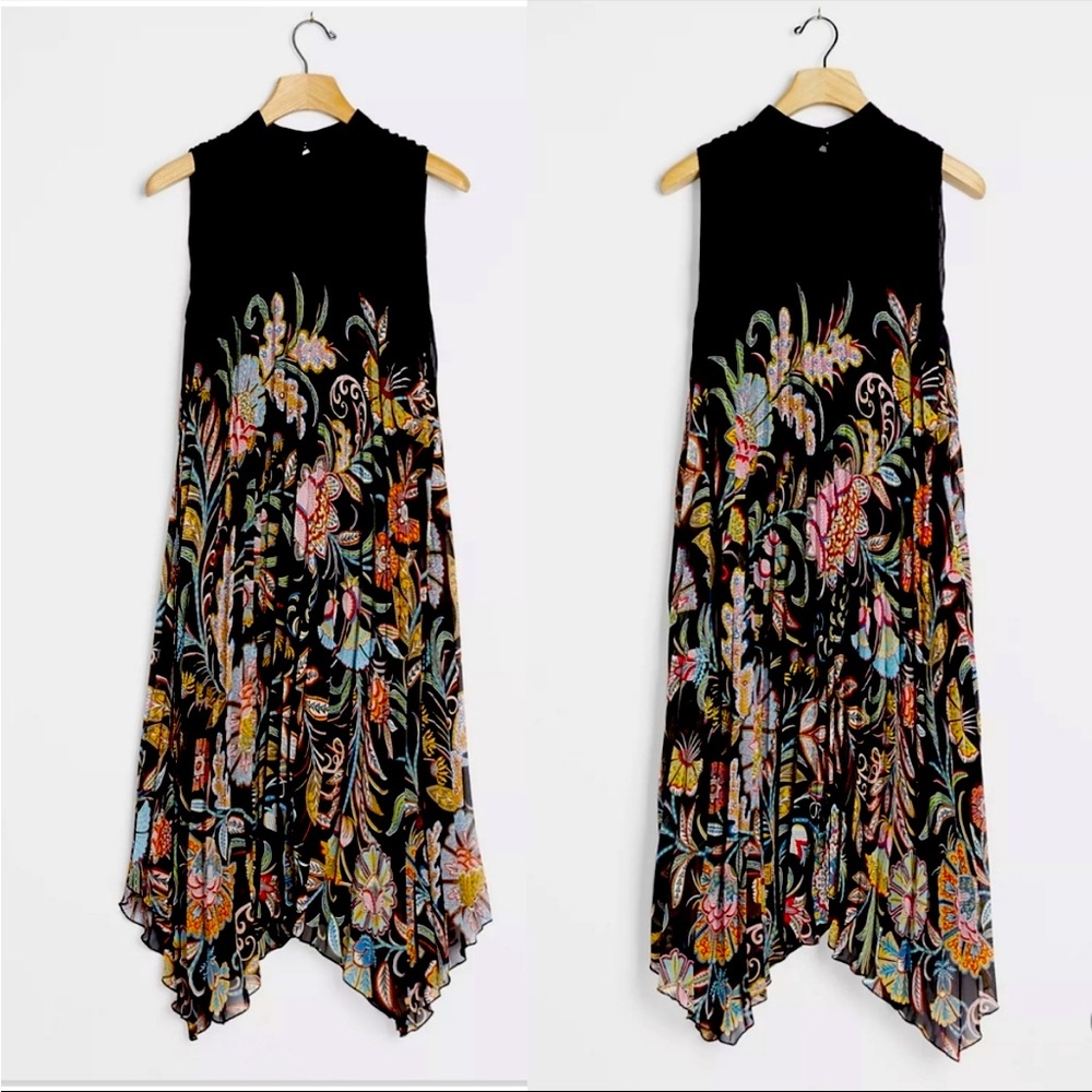 Anthropologie Black Multicolor Floral Paisley Pleat Assymetrical Dress